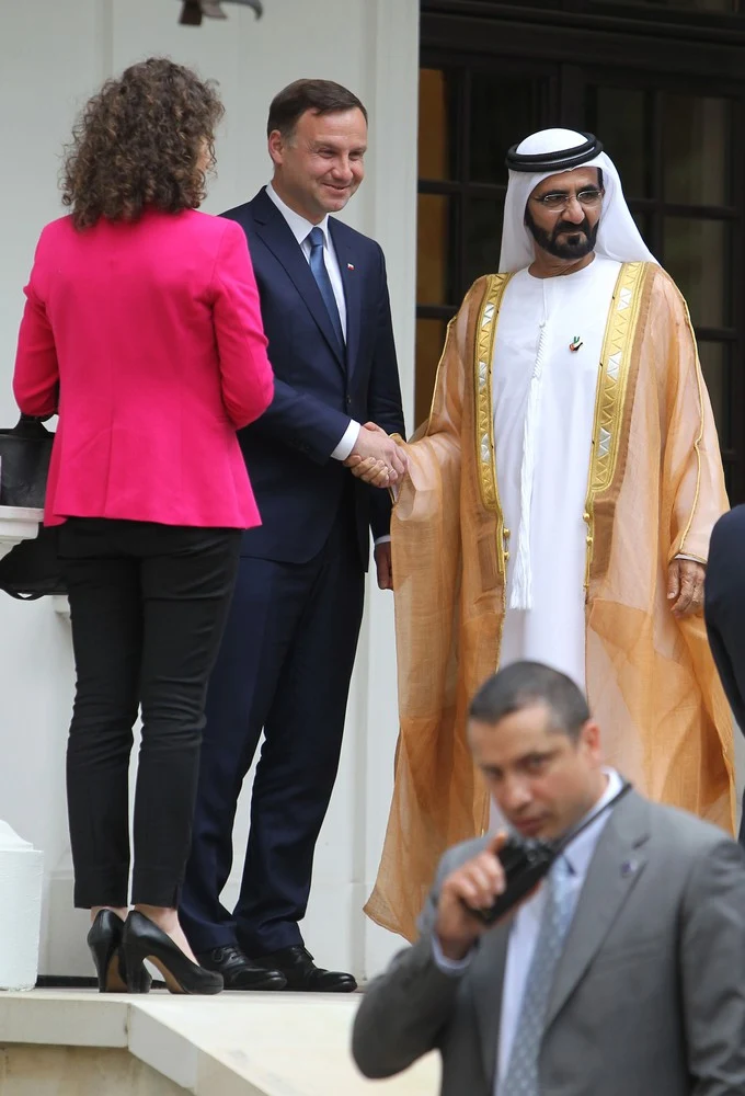 Prezydent elekt Andrzej Duda po spotkaniu w Pałacyku na Foksal w Warszawie z przebywającym z wizytą w Polsce wiceprezydentem i premierem Zjednoczonych Emiratów Arabskich, emirem Dubaju szejkiem Mohammedem bin Rashid Al-Maktoumem.