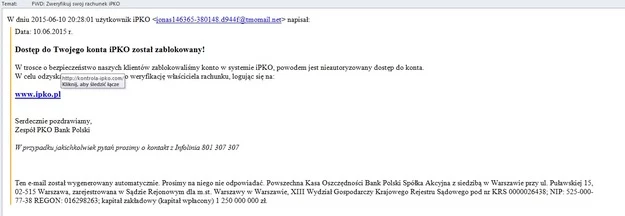 Tak wygląda przykładowy fałszywy mail.