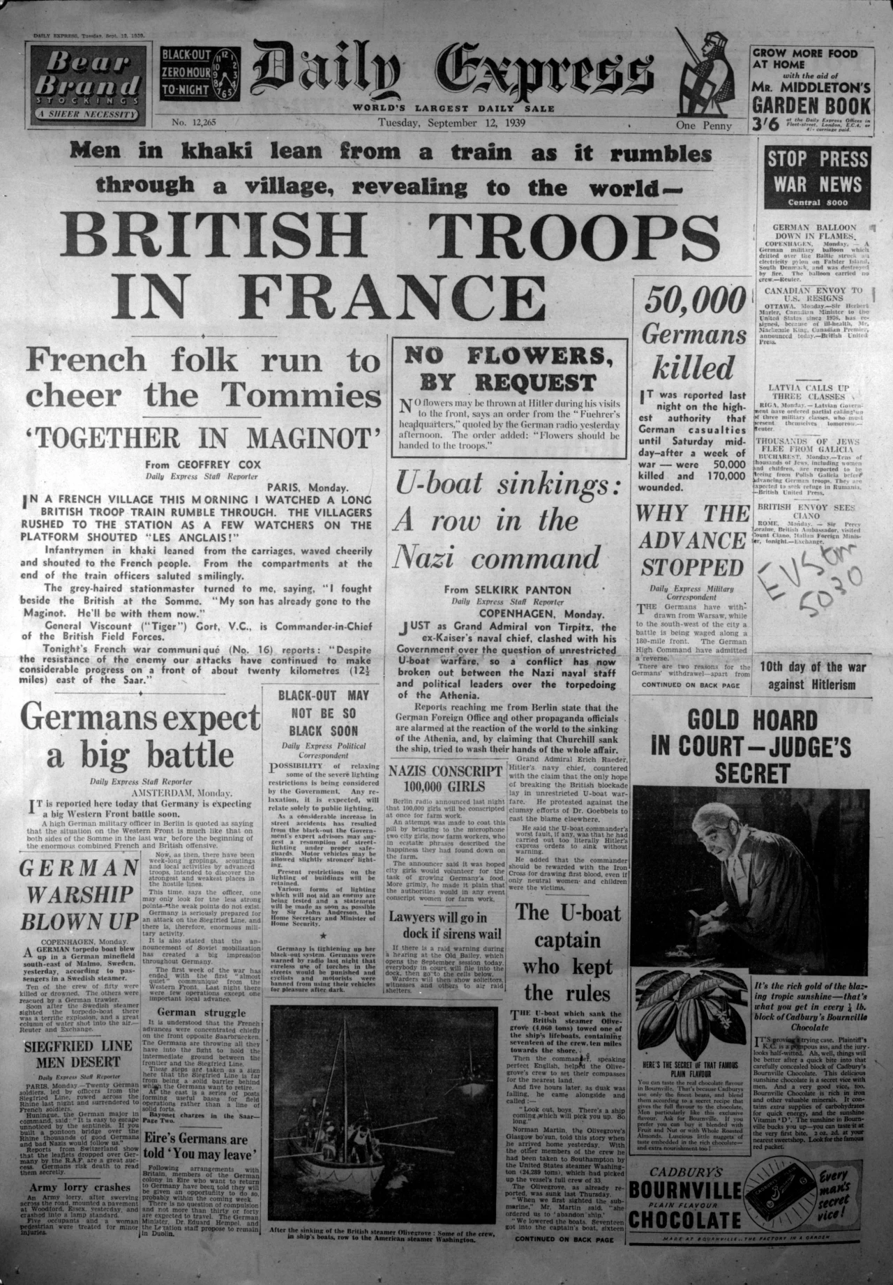 12 września 1939 r. "Daily Express" donosi o wysłaniu brytyjskich wojsk do Francji. Źródła gazety w Berlinie cytują anonimowego niemieckiego oficera wysokiej rangi, który z obawą mówi o nieuchronnie szybkiej ofensywie aliantów na froncie zachodnim. Tego dnia, na konferencji w Abeville, Anglicy i Francuzi zdecydowali, że nie uderzą na Hitlera