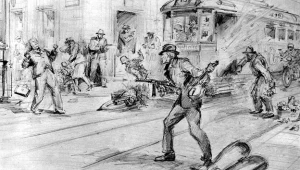 Ilustracja przedstawiająca likwidację SS-Oberscharführera Franza Bürkla. Autorem rysunku jest kapitan Bryan de Grineau, który stworzył grafikę na podstawie opowieści żołnierza AK 