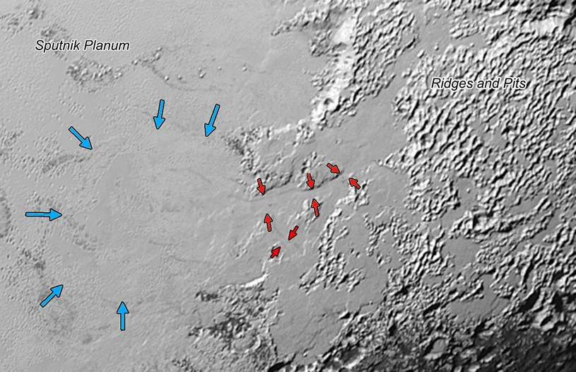 Rejon Sputnik Planum, gdzie naukowcy znaleźli ślady spływającego lodowca