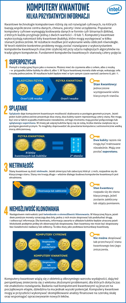 Infografika prezentująca kilka ciekawostek dotyczących komputerów kwantowych