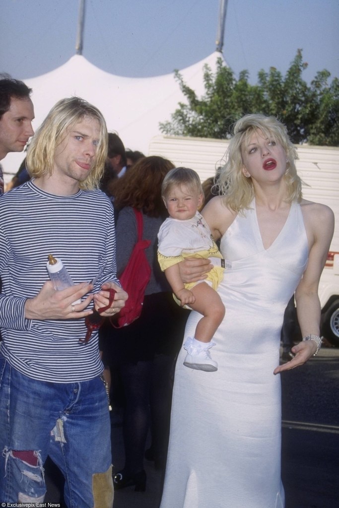 Kurt Cobain i Courtney Love z córką Francis Bean na ręku