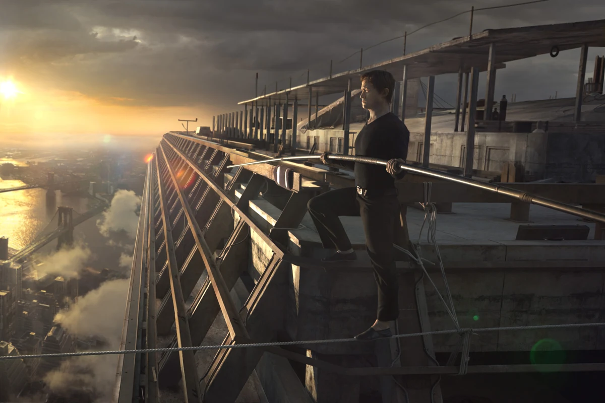 Joseph Gordon-Levitt w scenie z filmu "The Walk. Sięgając chmur"