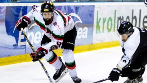 Hokeista GKS Tychy Mikołaj Łopuski (L) walczy o krążek z Srdanem Risticiem (P) z HK Partizana Belgrad