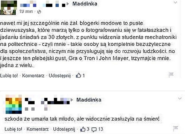 Komentarze, które pojawiły się w internecie po śmierci bloggerki Maddinki