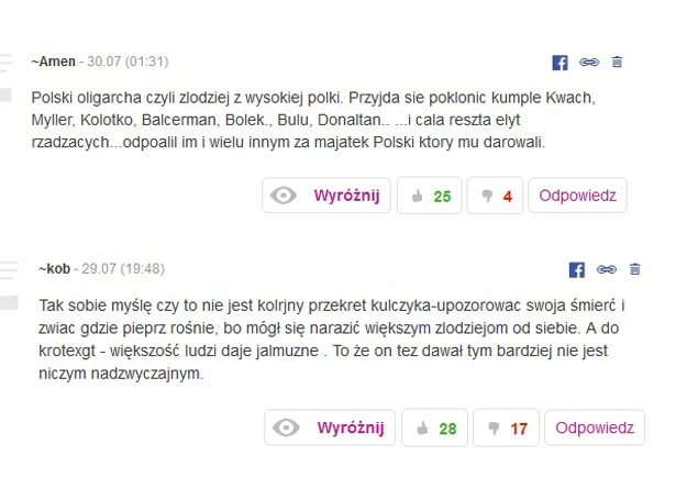 Komentarze, które pojawily się pod informacją o śmierci Jana Kulczyka Komentarze, które pojawily się pod informacją o śmierci Jana Kulczyka