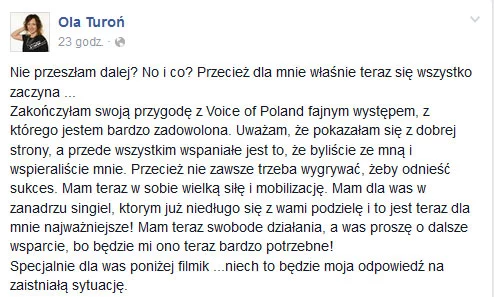 Ola Turoń o odpadnięciu z programu Ola Turoń o odpadnięciu z programu
