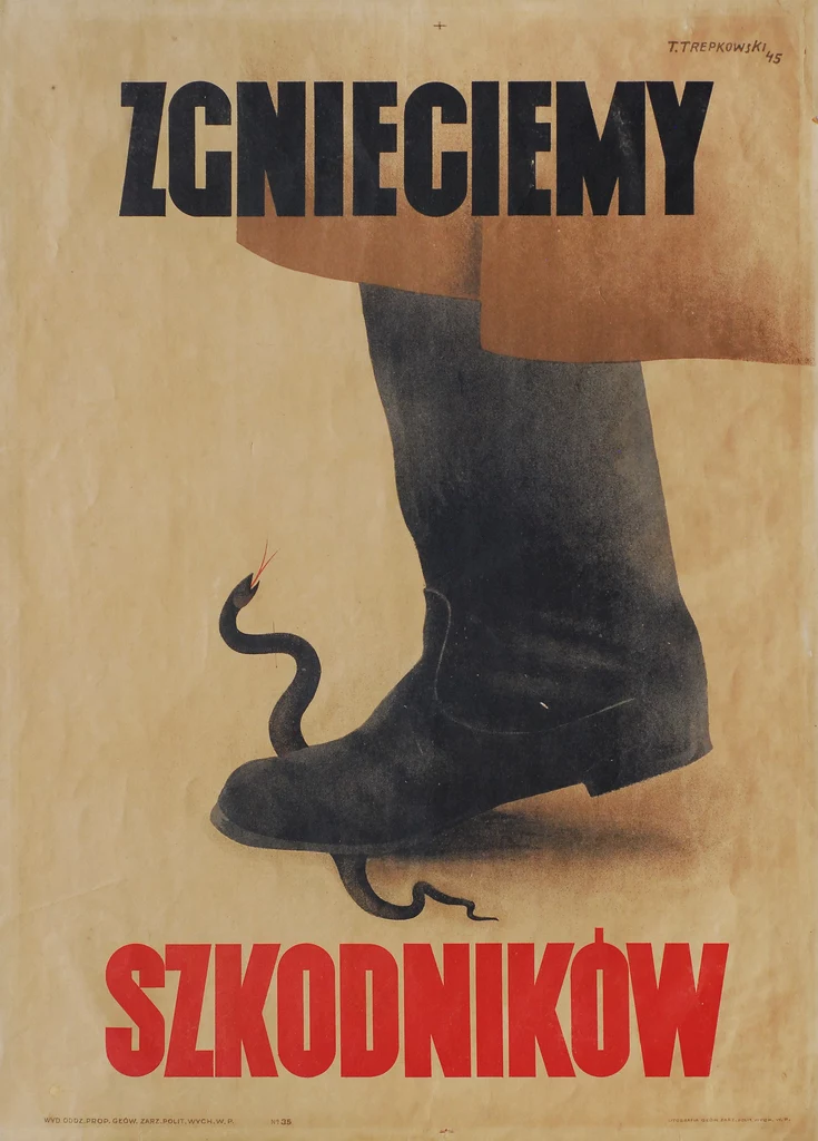 Tadeusz Trepkowski, Zgnieciemy szkodników, 1945 rok, plakat, Muzeum Niepodległości w Warszawie