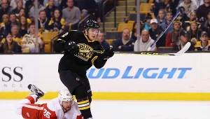 Mike Green z Detroit Red Wings (leży) kontra Frank Vatrano z Boston Bruins
