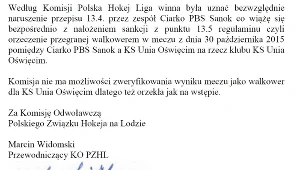 Uzasadnienie decyzji Komisji Odwoławczej PZHL-u.