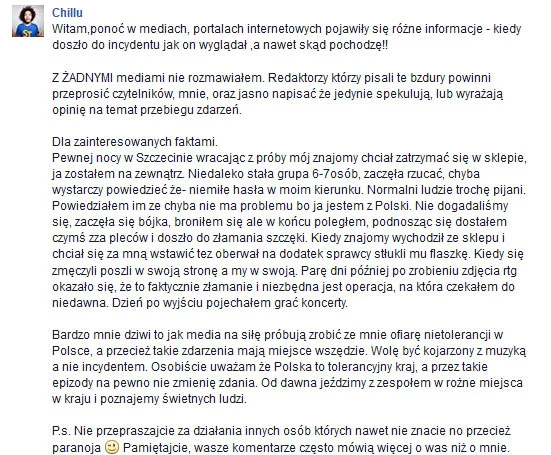 Chillu na Facebooku o pobiciu Chillu na Facebooku o pobiciu