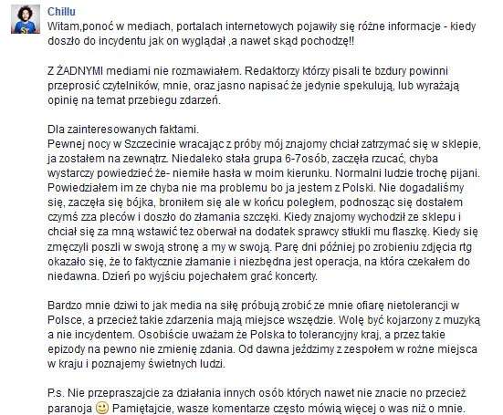 Chillu na Facebooku o pobiciu