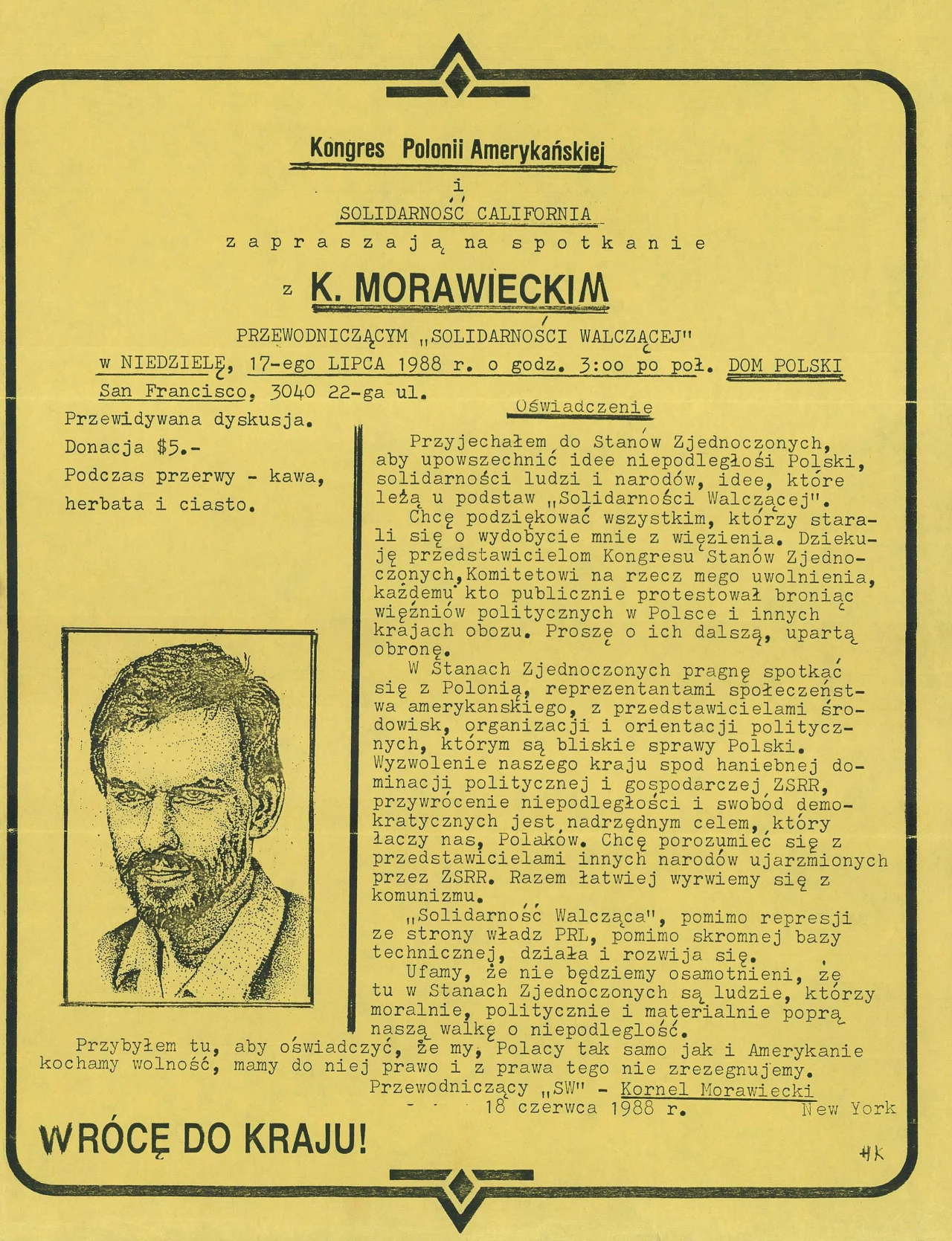 Ulotka z zaproszeniem na spotkanie z Kornelem Morawieckim w San Francisco - po deportacji z Polski