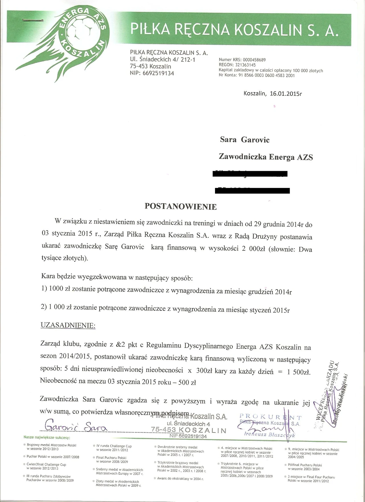 Kara dla Sary Garović; źródło: energa-azs-koszalin.pl