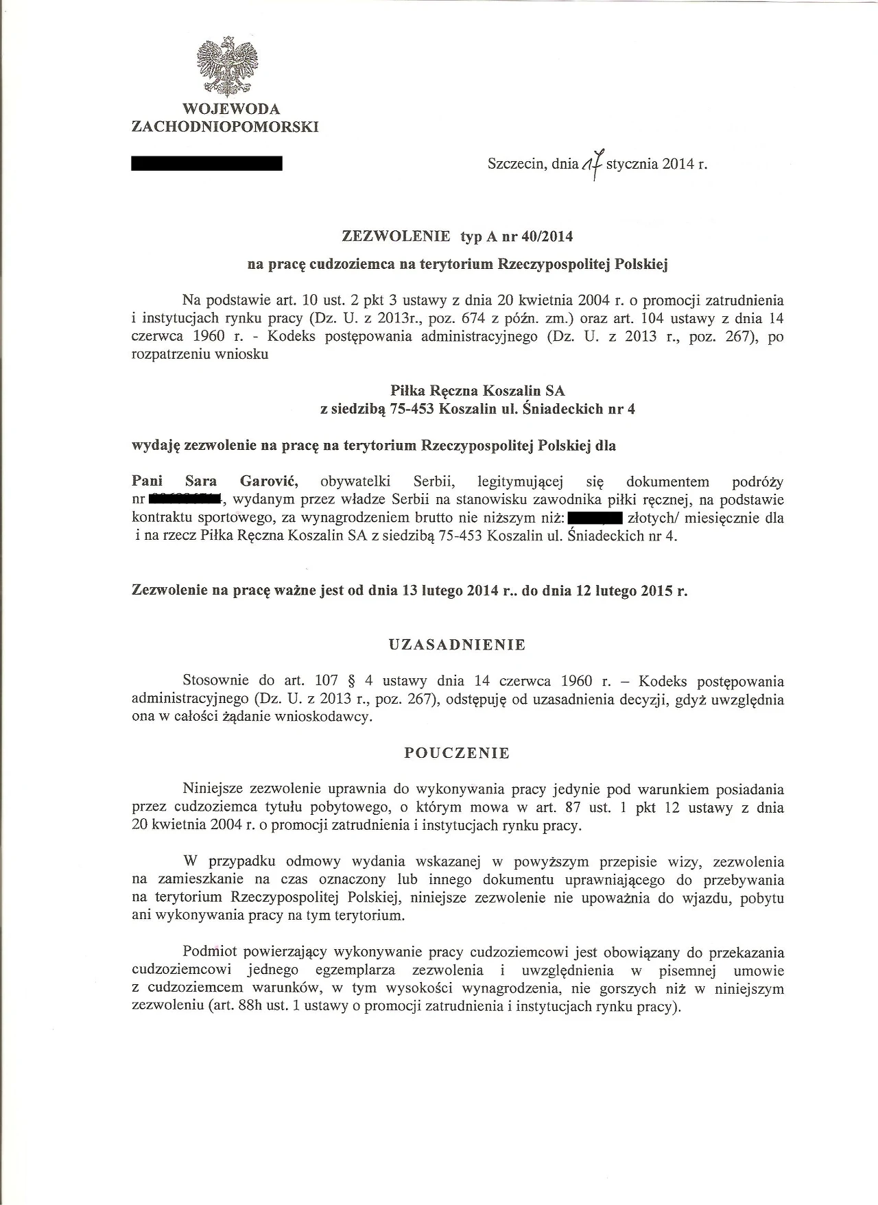 Pozwolenie zawodniczki na pracę; źródło: energa-azs-koszalin.pl
