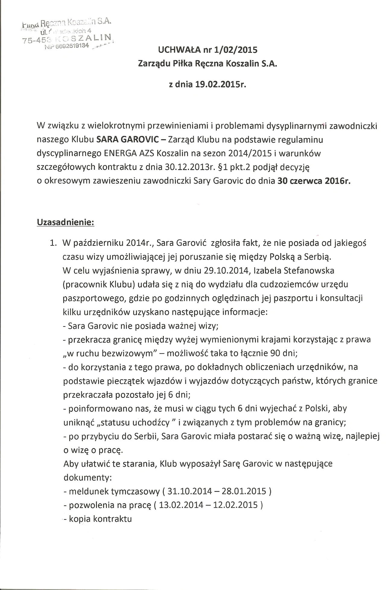 Uchawała o zawieszeniu; źródło: energa-azs-koszalin.pl