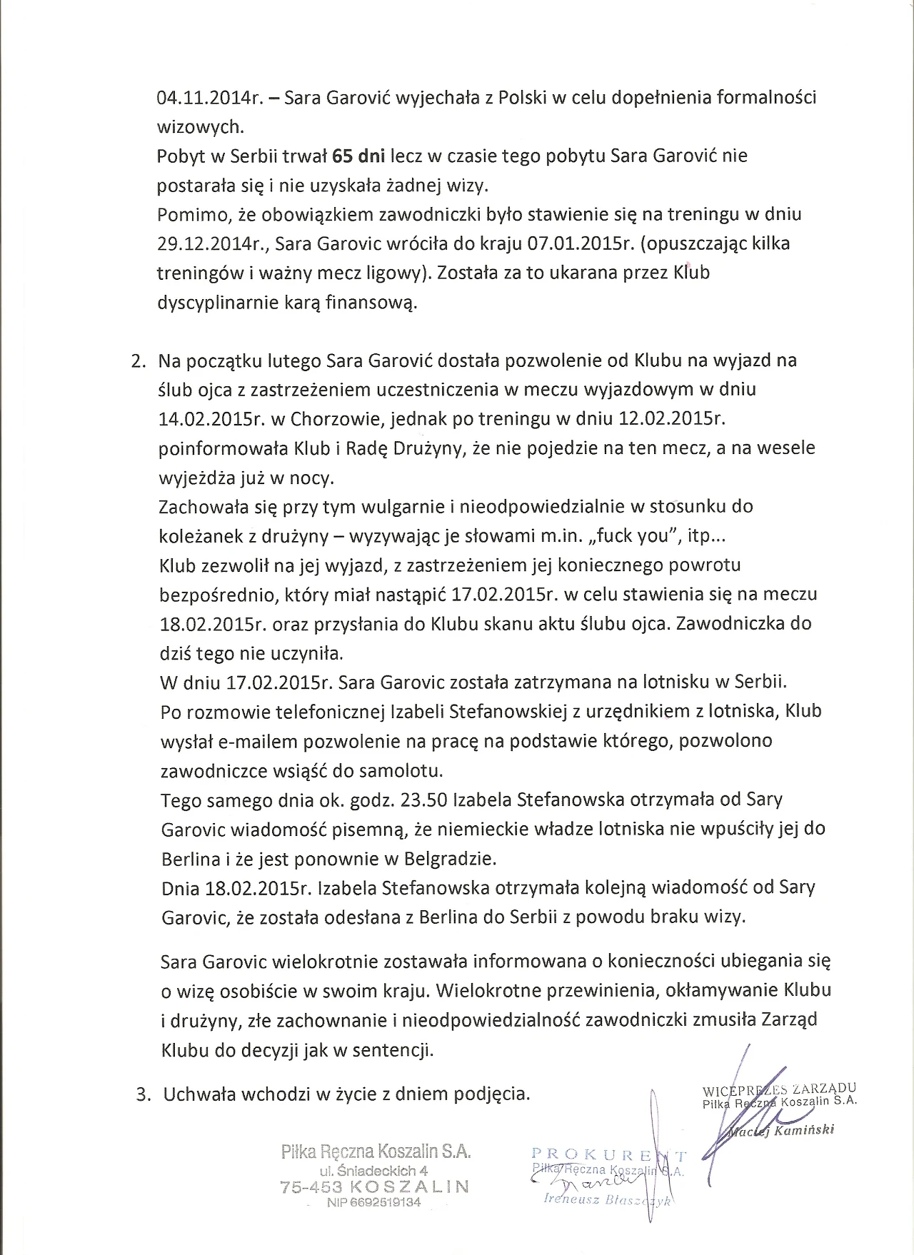 Uchawała o zawieszeniu; źródło: energa-azs-koszalin.pl
