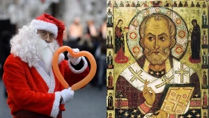 Po lewej: komercyjny wizerunek św. Mikołaja, po prawej: ikona św. Mikołaja Cudotwórcy z Mirry Aleksa Pietrowa z 1294 roku