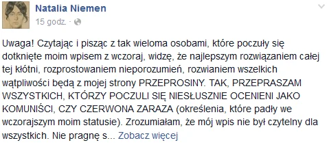 Fragment wpisu Natalii Niemen na Facebooku Fragment wpisu Natalii Niemen na Facebooku