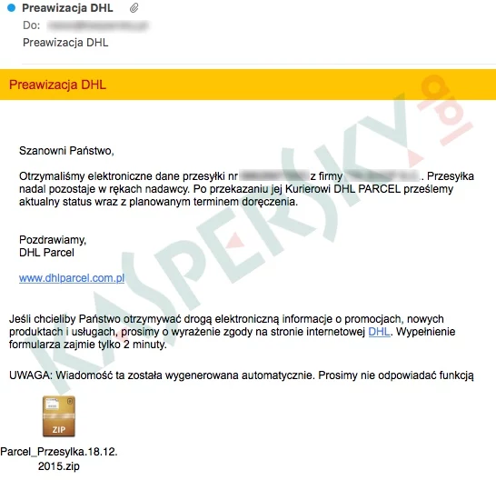 Fałszywy mail udajacy wiadomość od DHL