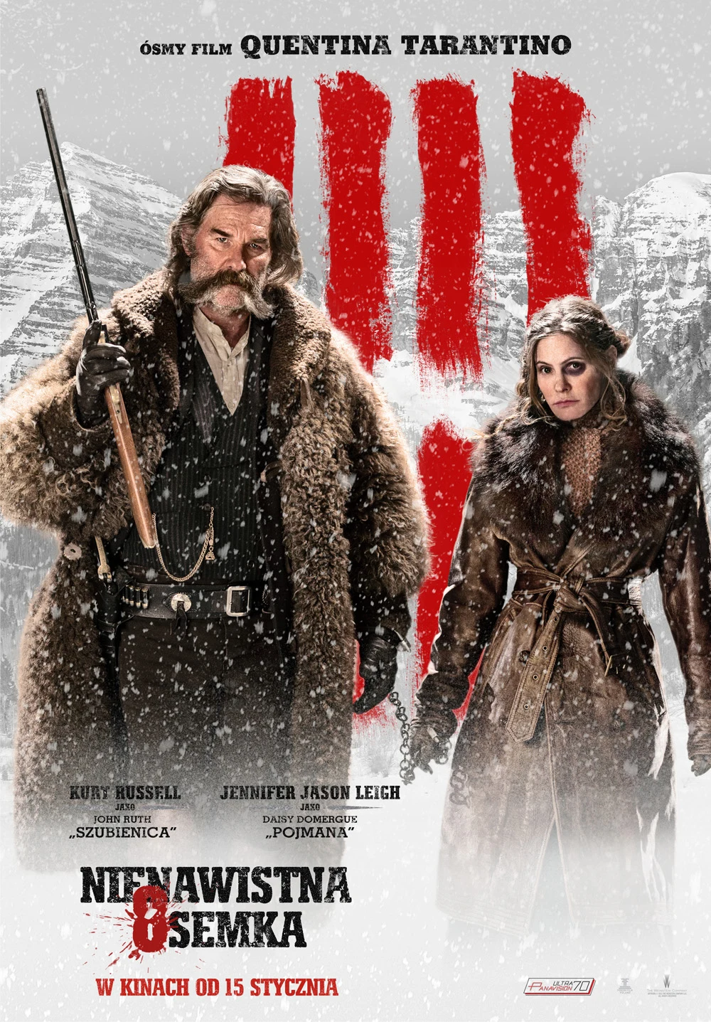 "Nienawistna ósemka": Kurt Russel jako John Ruth i Jennifer Jason Leigh jako Daisy Domergue