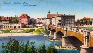 Most Podgórski z widokiem na ulicę Mostową (archiwalna pocztówka ze zbiorów Muzeum Inżynierii Miejskiej w Krakowie)