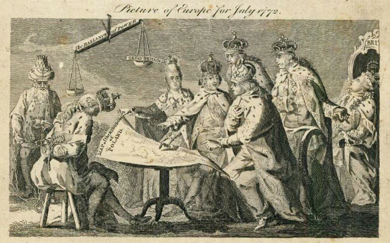 Alegoria I rozbioru Polski, tzw. kołacz królewski. Caryca Katarzyna II, król pruski Fryderyk II i cesarz Austrii Józef II. Przyglądają się królowie Hiszpanii, Francji i Anglii. Spętany król Polski, powiązany powrozem z sułtanem tureckim