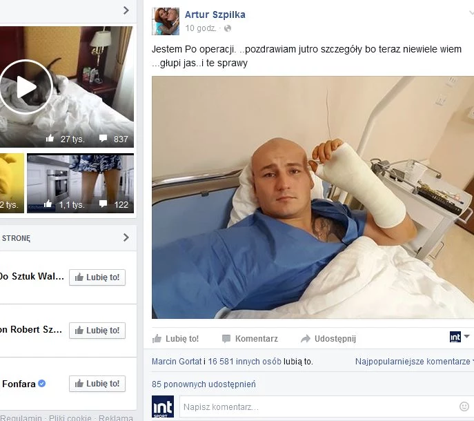 Artur Szpilka już po operacji, źródło: Facebook 