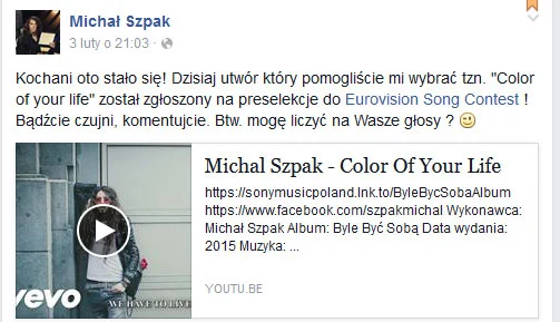 Michał Szpak na Facebooku Michał Szpak na Facebooku