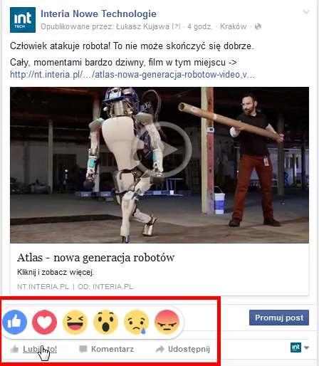 Tak wyglądają Reakcje na Facebooku na przykładzie profilu NT Interia