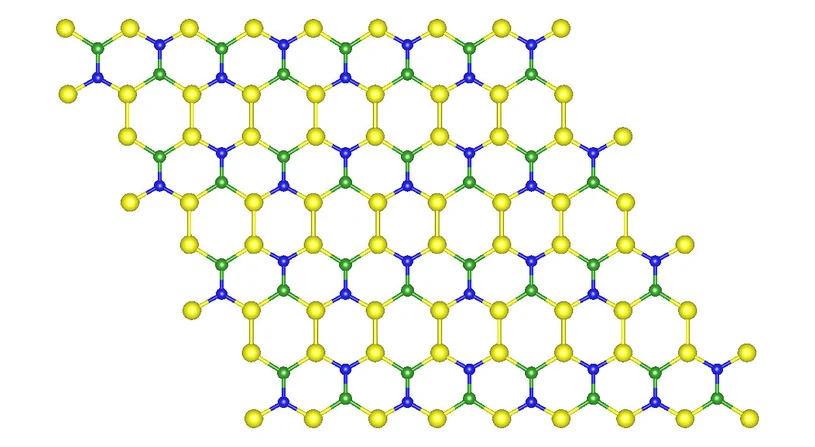 Poglądowy schemat nowego materiału. W praktyce sześciokaty nie są foremne. Źródło: Madhu Menon Poglądowy schemat nowego materiału. W praktyce sześciokaty nie są foremne. Źródło: Madhu Menon