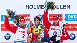 Podium biegu na dochodzenie w Oslo: Ole Einar Bjoerndalen (z lewej), Martin Fourcade i Emil Hegle Svendsen