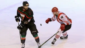 Hokeista Comarch Cracovii Maciej Urbanowicz (P) walczy o krążek z Martinem Vozdecky'm (L) z GKS Tychy