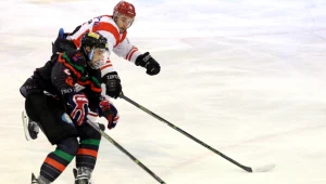 Hokeista Comarch Cracovii Patryk Wajda (z tyłu) walczy o krążek z Filipem Komorskim z GKS Tychy 