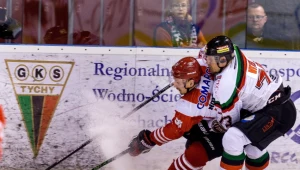 Hokeista GKS Tychy Josef Vitek (P) walczy o krążek z Patrykiem Noworytą (L) z Comarch Cracovii