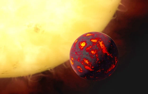 Teoria kosmicznej mielizny wyjaśnia, jak egzoplanety utrzymują atmosfery. Na zdjęciu wizualizacja 55 Cancri e Wizualizacja egzoplanety 55 Cancri e, masywnej superziemi pokrytej lawą z atmosferą.