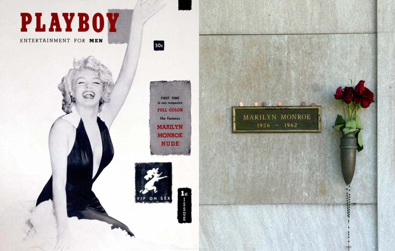Marilyn Monroe na okładce pierwszego "Playboya" (L). Hugh Hefner wykupił sobie miejsce obok słynnej aktorki na Westwood Memorial Park w Los Angeles (P) Marilyn Monroe na okładce pierwszego "Playboya" (L). Hugh Hefner wykupił sobie miejsce obok słynnej aktorki na Westwood Memorial Park w Los Angeles (P)