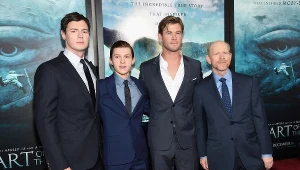 Benjamin Walker, Tom Holland, Chris Hemsworth i Ron Howard na premierze filmu "W samym sercu morza"