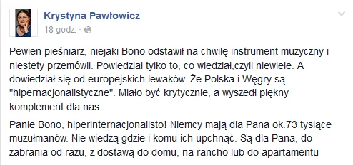 Krystyna Pawłowicz na Facebooku odpowiada Bono