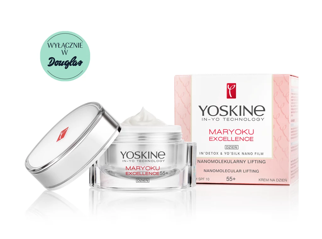 YOSKINE MARYOKU EXCELLENCE, NANOMOLEKULARNY LIFTING Intensywnie ujędrniający, upiększający krem na dzień dla skóry 55+ z proteinami jedwabiu. Zdecydowanie redukuje nawet głębokie zmarszczki, a dzięki utrzymaniu stałego poziomu nawilżenia, zapobiega powstawaniu nowych. Przywraca jędrność i sprężystość skórze, sprawiając, że twarz odzyskuje piękny owal.