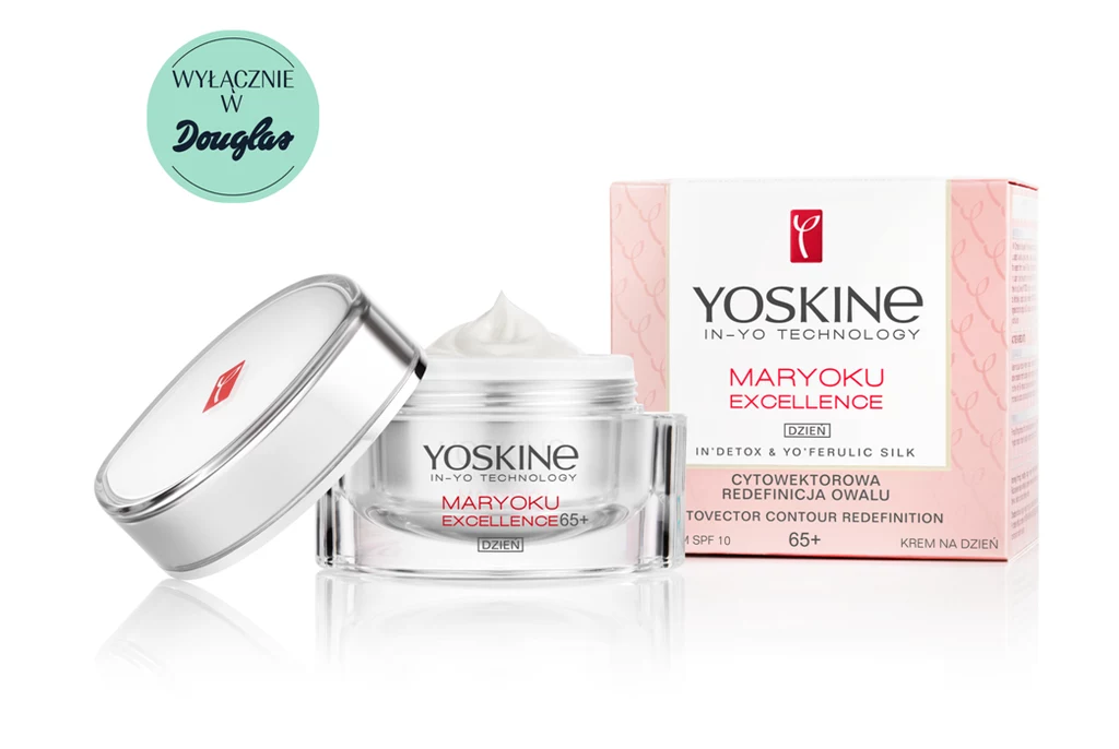 YOSKINE MARYOKU EXCELLENCE, CYTOWEKTOROWA REDEFINICJA OWALU Intensywnie odmładzający, upiększający krem na dzień dla skóry 65+ z proteinami jedwabiu. Spektakularnie wygładza nawet bardzo głębokie zmarszczki i redefiniuje owal twarzy. Zapobiega tworzeniu się plam pigmentacyjnych, wzmacnia barierę ochronną skóry oraz chroni skórę przed podrażnieniami, dzięki czemu zapewnia jej jednolity i piękny koloryt.