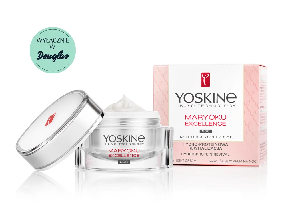 YOSKINE MARYOKU EXCELLENCE, HYDRO-PROTEINOWA REWITALIZACJA Regenerująco-wygładzający krem na noc z proteinami jedwabiu o lekkiej, nawilżającej formule. Zdecydowanie redukuje długość i głębokość zmarszczek, poprawia mikrostrukturę skóry, przywracając jej jędrność i elastyczność. Doskonale wyrównuje koloryt cery, dzięki czemu skóra po przebudzeniu wygląda świeżo i promiennie.