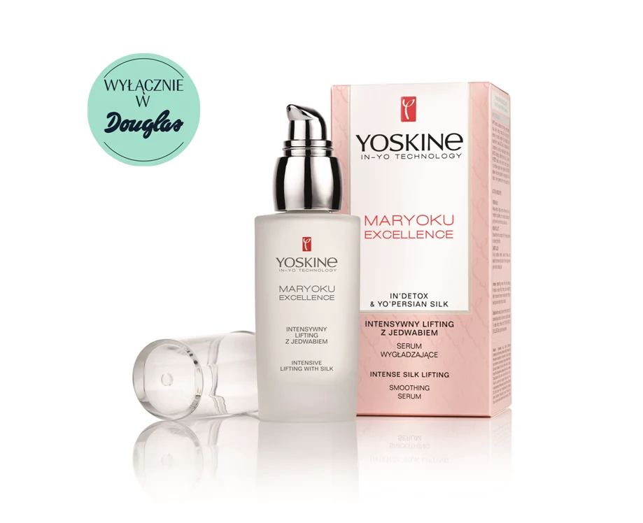 YOSKINE MARYOKU EXCELLENCE, INTENSYWNY LIFTING Z JEDWABIEM Intensywnie wygładzające serum z proteinami jedwabiu do pielęgnacji twarzy, szyi i dekoltu. Zapewnia natychmiastowy efekt liftingu skóry, wyjątkowo skuteczne wypełnienie zmarszczek oraz odczuwalną poprawę jędrności wkrótce po użyciu. Poprawia koloryt skóry, niweluje oznaki zmęczenia i rozświetla cerę, nadając jej świeży i promienny wygląd.