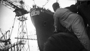 M/s "Batory". Wodowanie polskiego transatlantyku we włoskiej stoczni Monfalcone. 8 kwietnia 1936 r.