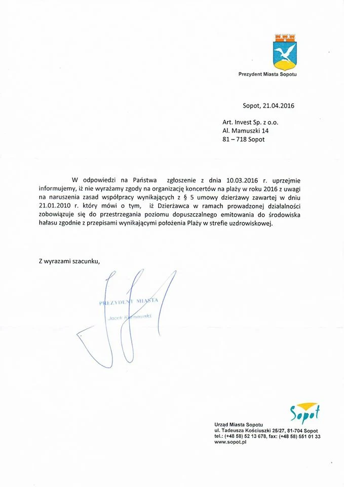 Pismo prezydenta Sopotu do Zatoki Sztuki Pismo prezydenta Sopotu do Zatoki Sztuki