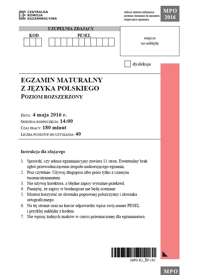Matura 2016 - język polski poziom rozszerzony Matura 2016 - język polski poziom rozszerzony