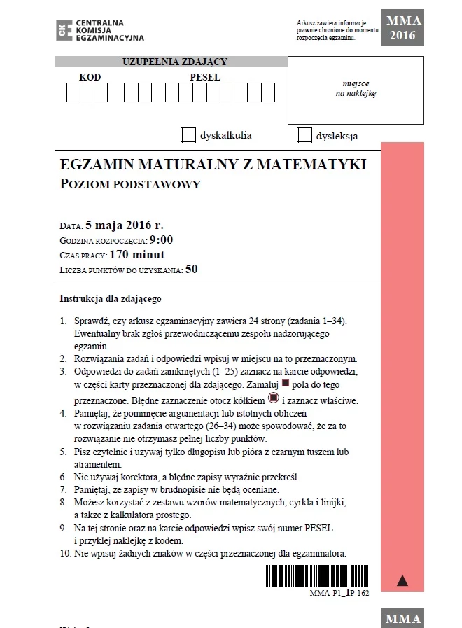 Matura z matematyki 2016 - poziom podstawowy Matura z matematyki 2016 - poziom podstawowy