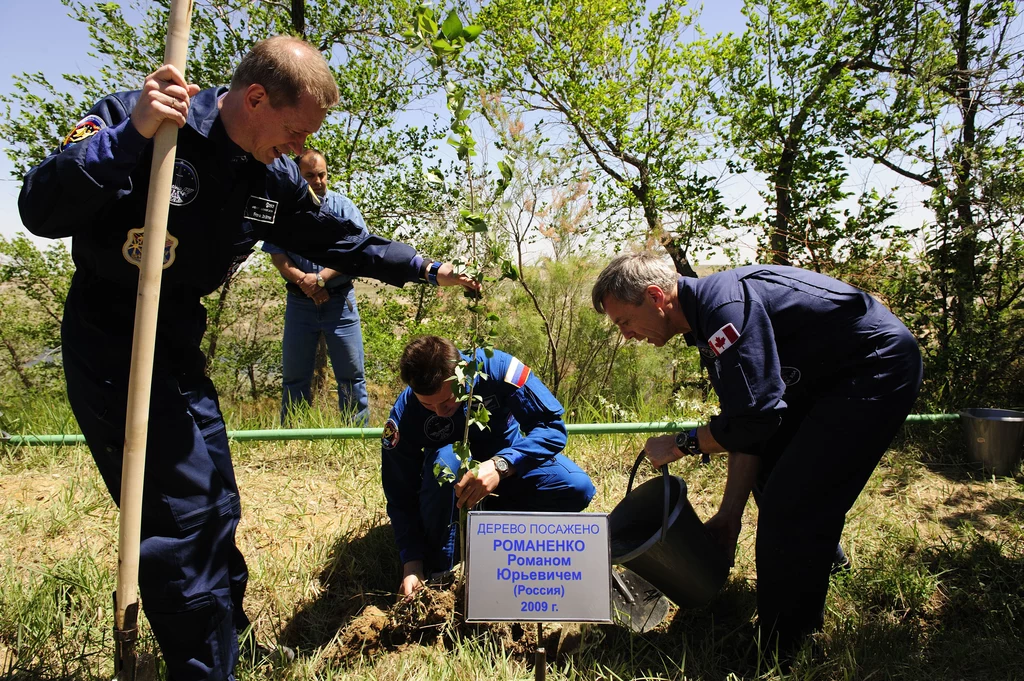 Astronauci podczas sadzenia drzew w okolicach kosmodromu Bajkonur